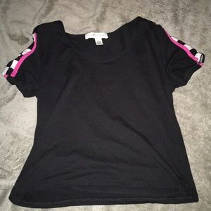 black shirt with pink striped and checkers